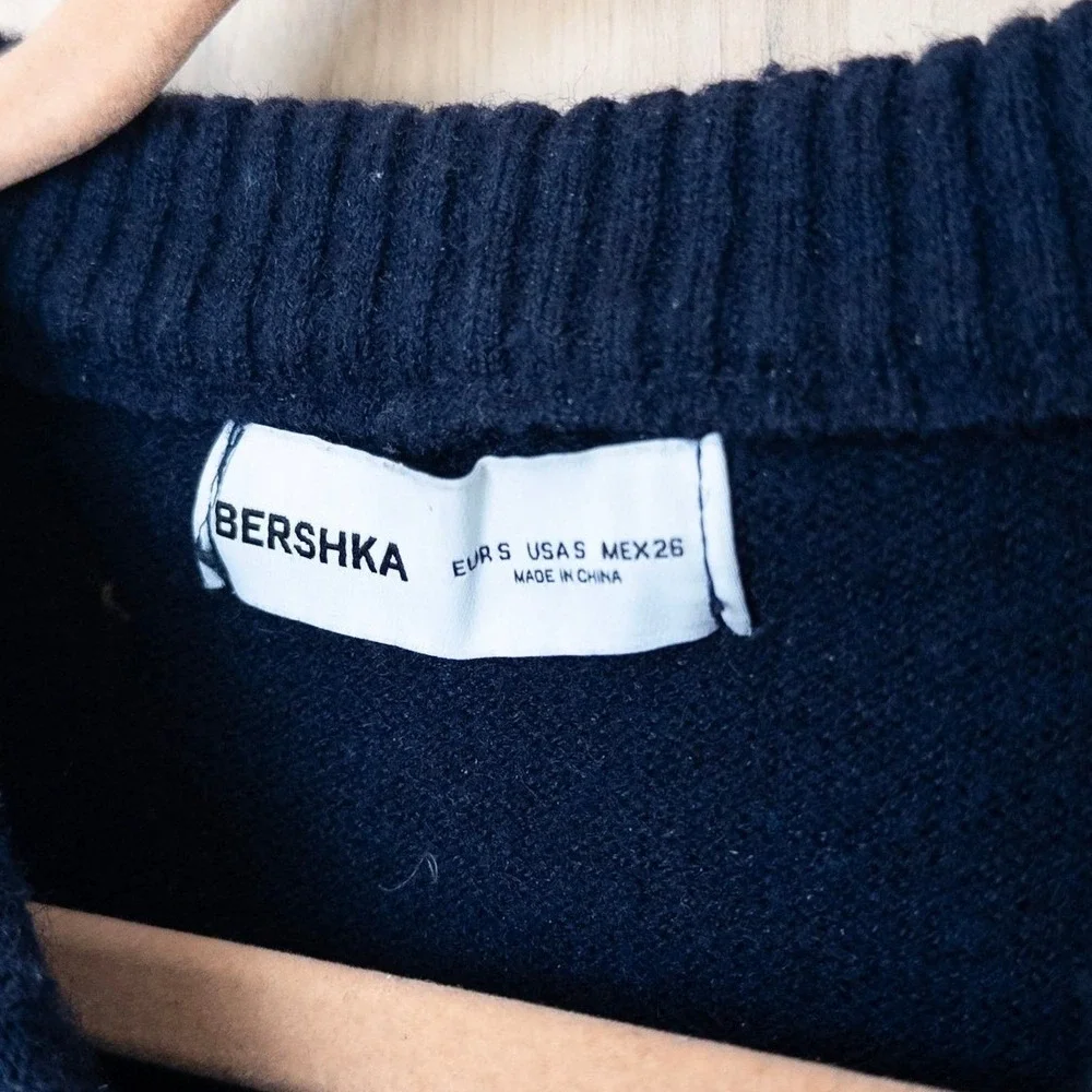 Womens Wool‎ Sweater Small Navy Crewneck Oversized Cropped Boxy Preppy Classic